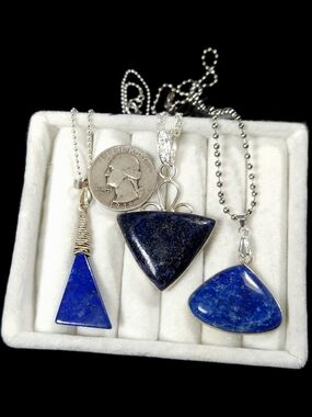 ~Trio Of Triangular Lapis Pendant Necklaces. Deep Blue Stones on Silver Chain~